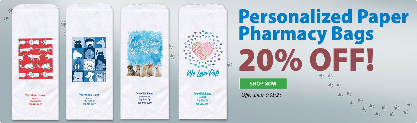 Our veterinary pharmacy bags are the perfect way to send your clients home with pet medications, vitamins and samples.